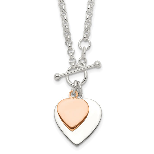 Sterling Silver w/Rose gold-plat Engraveable Double Heart Toggle Necklace QG1441RP-18
