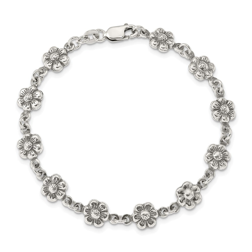 Sterling Silver Antiqued Flower Charm Bracelet QG1548-7