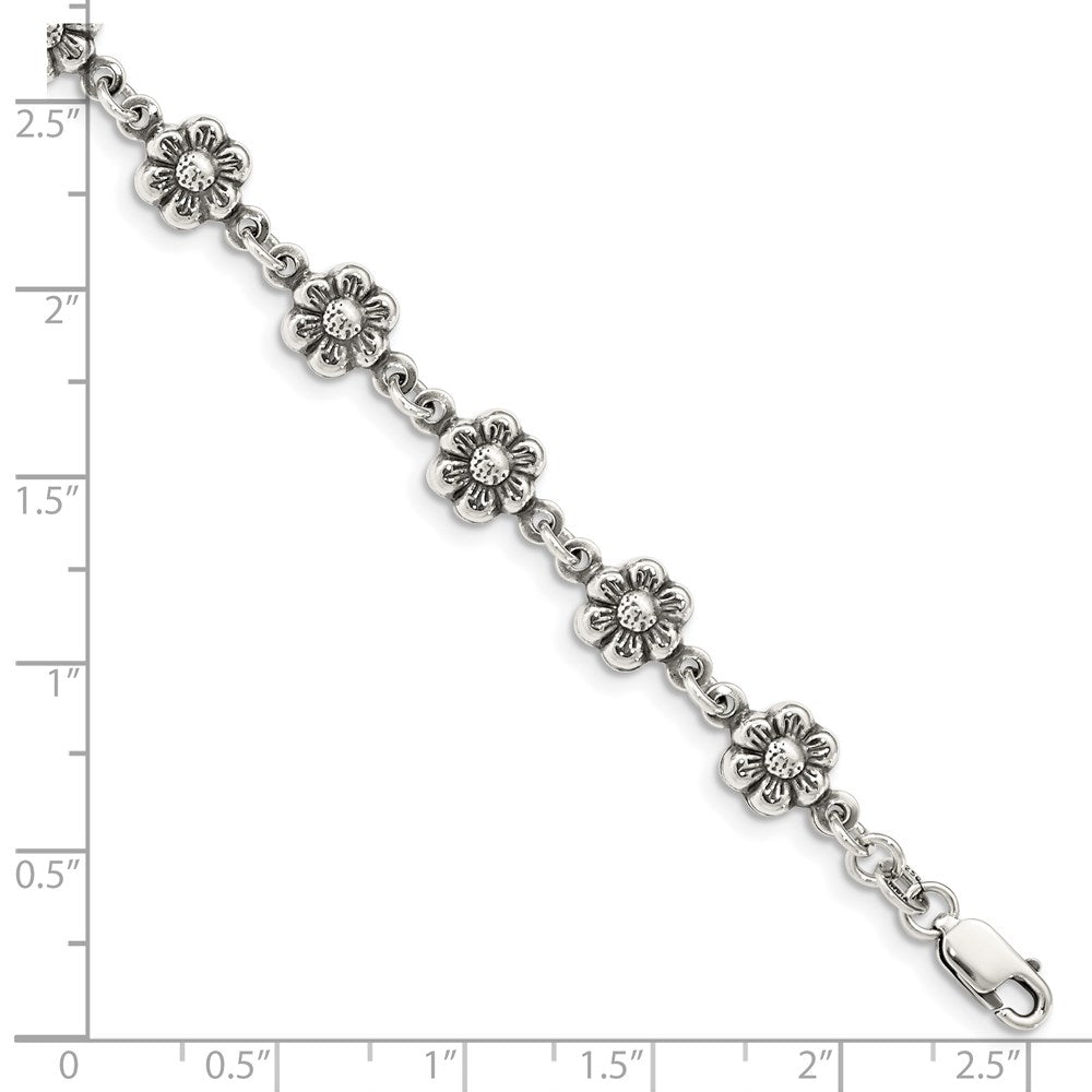 Sterling Silver Antiqued Flower Charm Bracelet QG1548-7