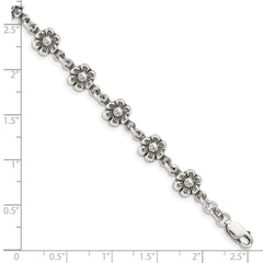 Sterling Silver Antiqued Flower Charm Bracelet QG1548-7