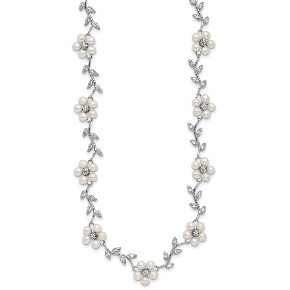 Sterling Silver Rhodium-plated CZ Vine Pattern and Fresheater Cultured Pearl Floral 16 inch Necklace QG1805-16
