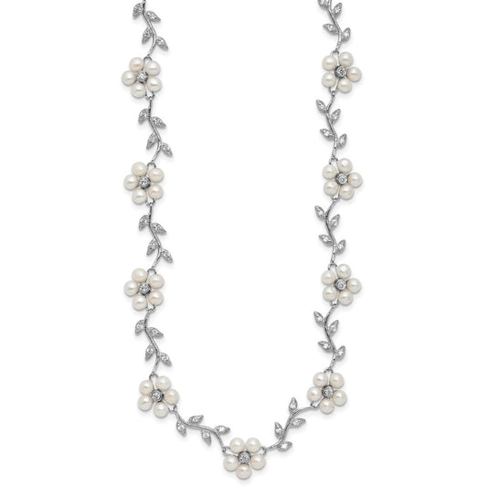 Sterling Silver Rhodium-plated CZ Vine Pattern and Fresheater Cultured Pearl Floral 16 inch Necklace QG1805-16