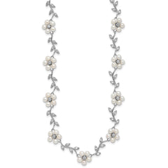 Sterling Silver Rhodium-plated CZ Vine Pattern and Fresheater Cultured Pearl Floral 16 inch Necklace QG1805-16