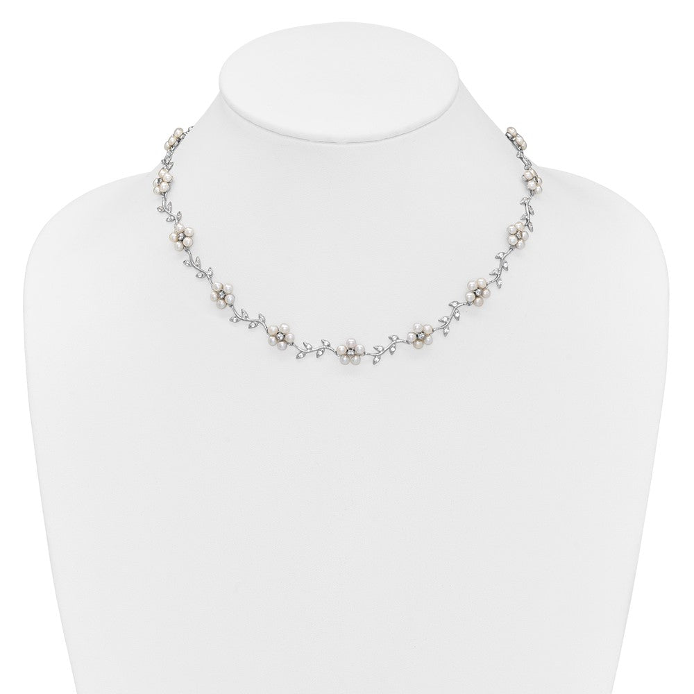 Sterling Silver Rhodium-plated CZ Vine Pattern and Fresheater Cultured Pearl Floral 16 inch Necklace QG1805-16