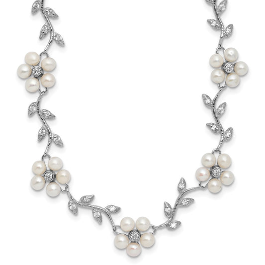 Sterling Silver Rhodium-plated CZ Vine Pattern and Fresheater Cultured Pearl Floral 16 inch Necklace QG1805-16