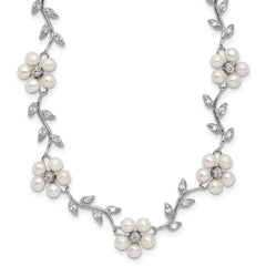 Sterling Silver Rhodium-plated CZ Vine Pattern and Fresheater Cultured Pearl Floral 16 inch Necklace QG1805-16