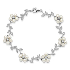 Sterling Silver Rhodium-plated CZ Vine Pattern and Fresheater Cultured Pearl Floral 7 inch Bracelet QG1805-7