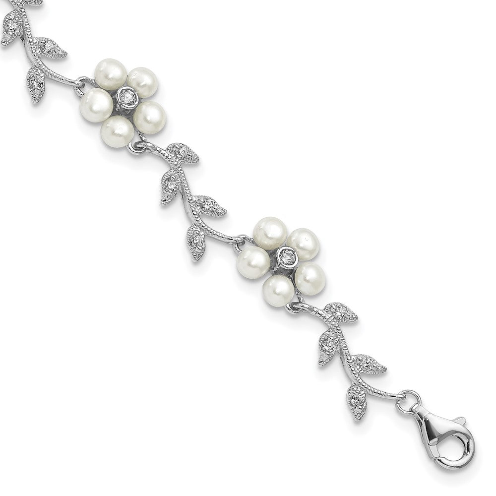 Sterling Silver Rhodium-plated CZ Vine Pattern and Fresheater Cultured Pearl Floral 7 inch Bracelet QG1805-7