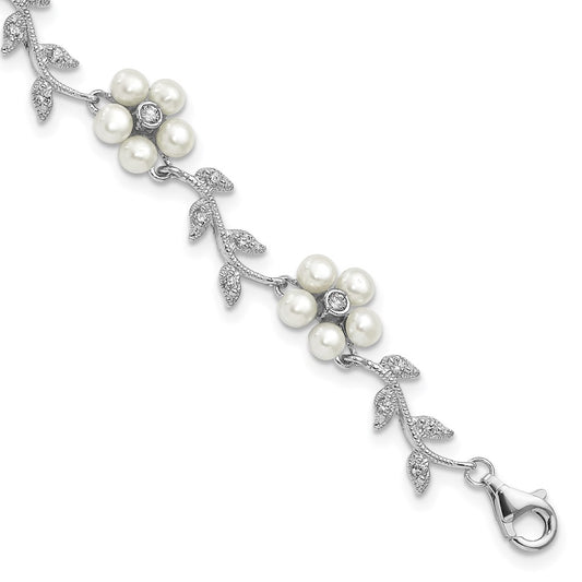 Sterling Silver Rhodium-plated CZ Vine Pattern and Fresheater Cultured Pearl Floral 7 inch Bracelet QG1805-7