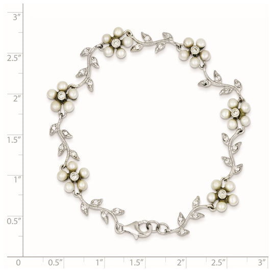 Sterling Silver Rhodium-plated CZ Vine Pattern and Fresheater Cultured Pearl Floral 7 inch Bracelet QG1805-7