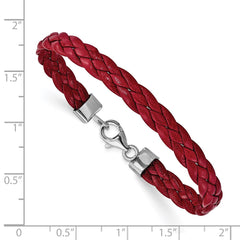 Sterling Silver Rhodium Plated Red Braided Leather 7 inch Bracelet QG1847-7