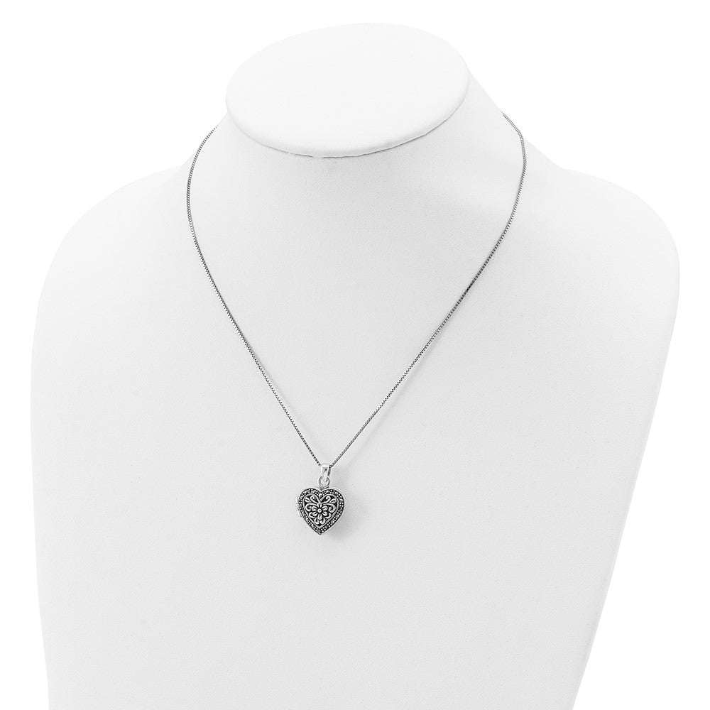 Sterling Silver Rhod-pltd Floral Marcasite Heart Locket 18in Necklace QG1942-18