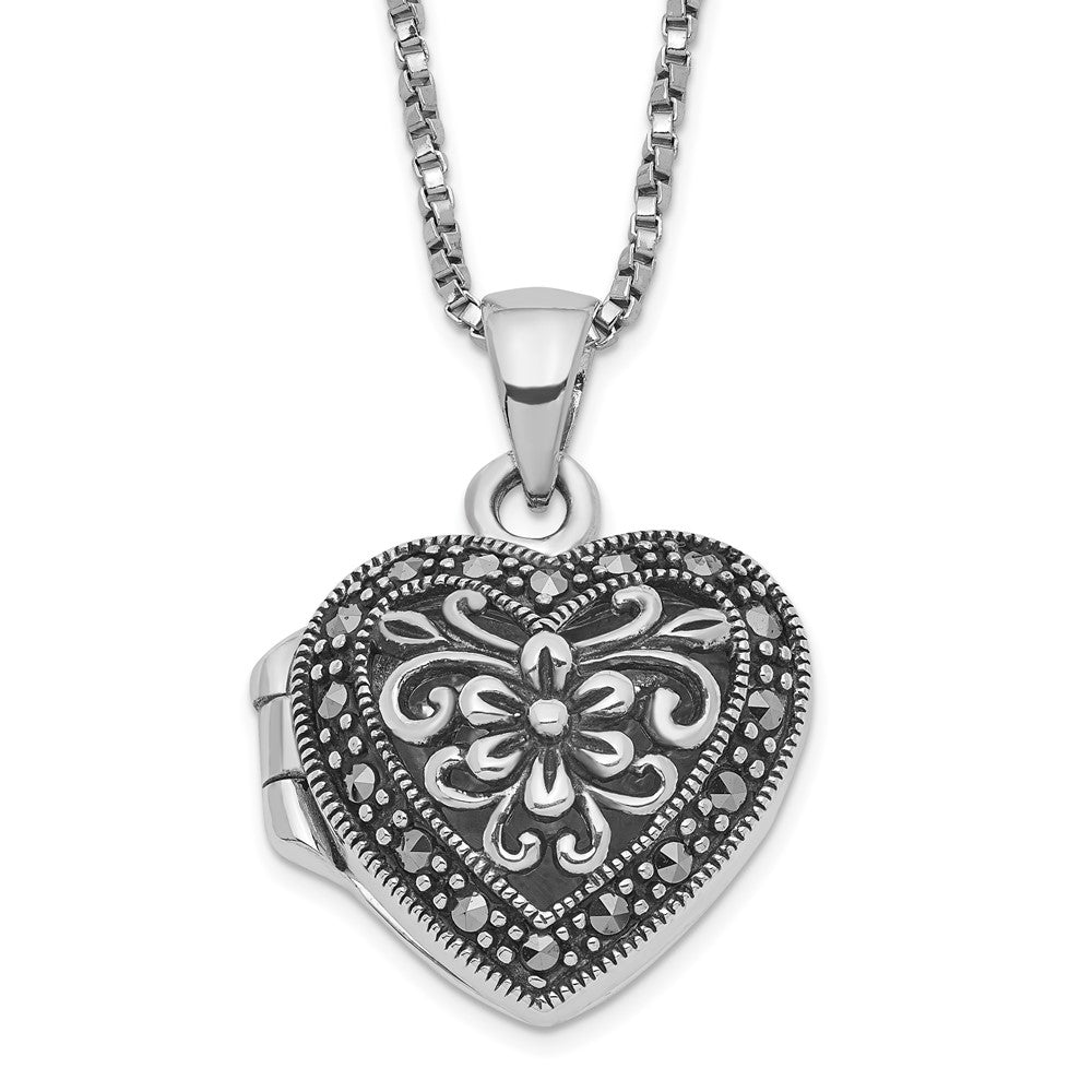 Sterling Silver Rhod-pltd Floral Marcasite Heart Locket 18in Necklace QG1942-18