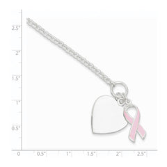 Sterling Silver Fancy Engraveable Heart with Pink Ribbon Bracelet QG2171-7.5