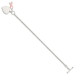 Sterling Silver Fancy Engraveable Heart with Pink Ribbon Bracelet QG2171-7.5