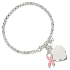 Sterling Silver Fancy Engraveable Heart with Pink Ribbon Bracelet QG2171-7.5