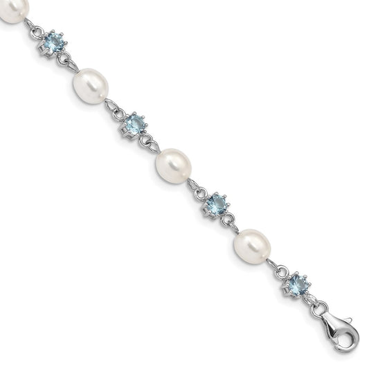 Sterling Silver Rhodium Blue CZ FW Cultured Pearl Bracelet QG2388-7