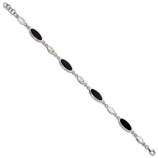 Sterling Silver Rhodium-plated Onyx and Mother of Pearl Bracelet QG2398-7