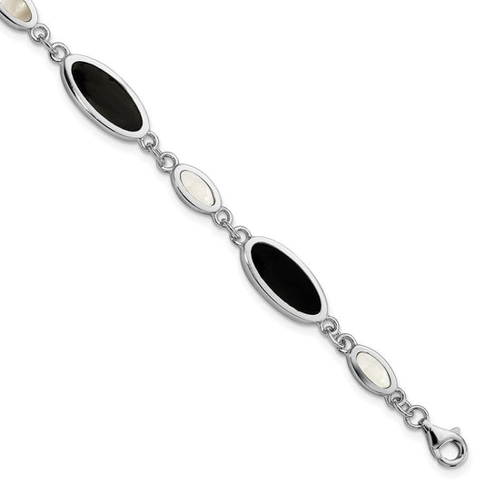 Sterling Silver Rhodium-plated Onyx and Mother of Pearl Bracelet QG2398-7