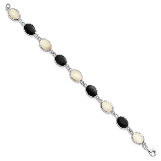 Sterling Silver Rhodium-plated Onyx and Mother of Pearl Bracelet QG2399-7