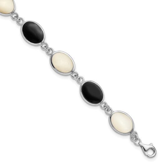 Sterling Silver Rhodium-plated Onyx and Mother of Pearl Bracelet QG2399-7