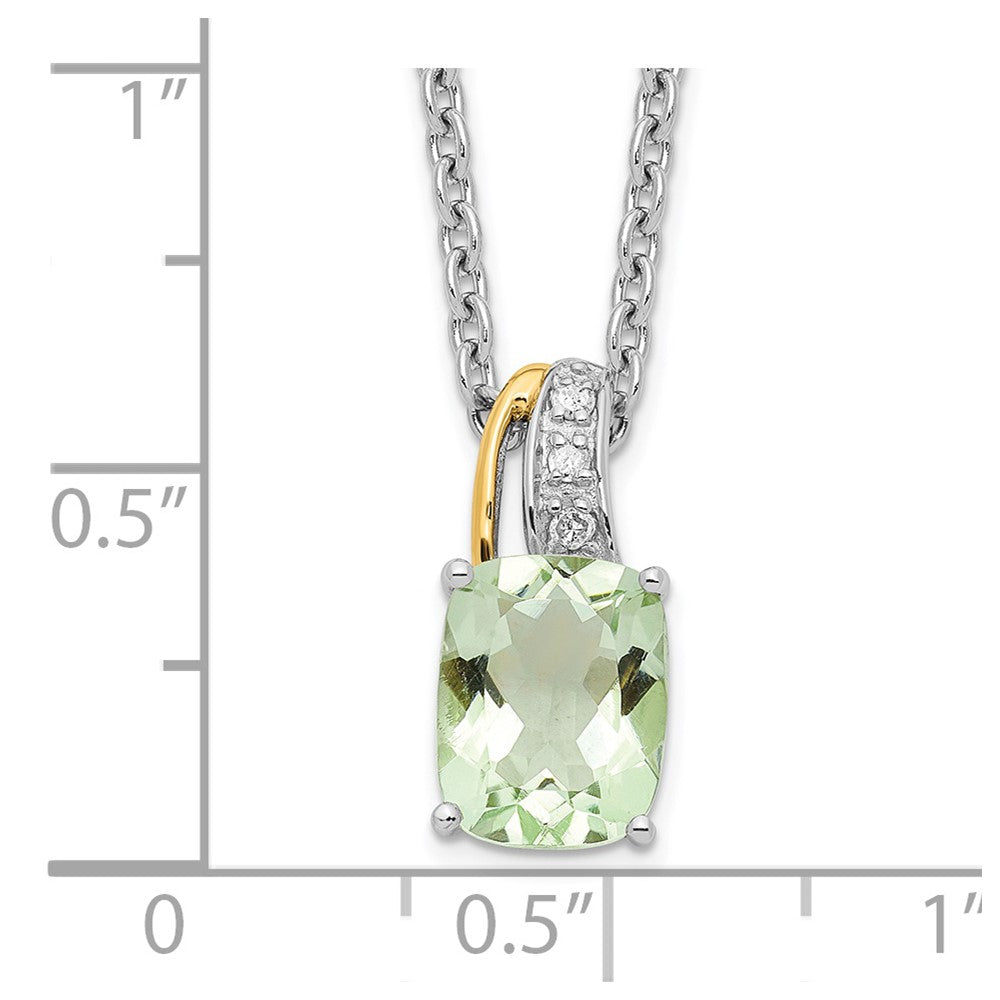 Brilliant Gemstones Sterling Silver with 14K Accent Rhodium-plated Green Quartz and Diamond 18 Inch Necklace with 2 Inch Extender QG2714-17