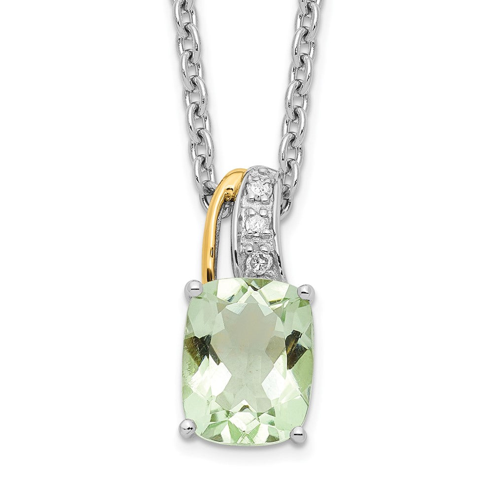 Brilliant Gemstones Sterling Silver with 14K Accent Rhodium-plated Green Quartz and Diamond 18 Inch Necklace with 2 Inch Extender QG2714-17