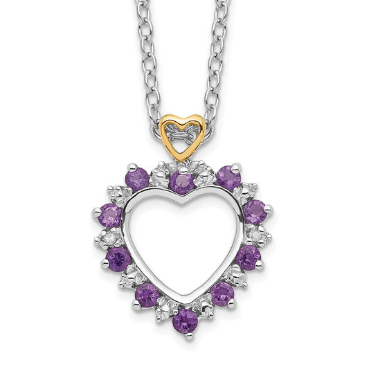 Brilliant Gemstones Sterling Silver with 14K Accent Rhodium-plated Amethyst and Diamond 18 Inch Necklace with 2 Inch Extender QG2720-18