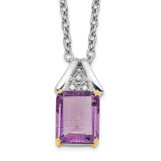 Brilliant Gemstones Sterling Silver with 14K Accent Rhodium-plated Amethyst and Diamond 18 Inch Necklace with 2 Inch Extender QG2721-18