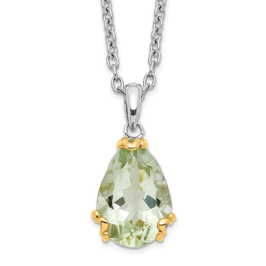 Brilliant Gemstones Sterling Silver with 14K Accent Rhodium-plated Green Quartz 18 Inch Necklace with 2 Inch Extender QG2732-18