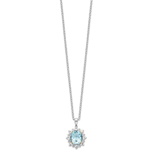 Brilliant Gemstones Sterling Silver with 14K Accent Rhodium-plated Sky Blue Topaz and White Topaz 18 Inch Necklace with 2 Inch Extender QG2736-18