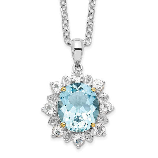 Brilliant Gemstones Sterling Silver with 14K Accent Rhodium-plated Sky Blue Topaz and White Topaz 18 Inch Necklace with 2 Inch Extender QG2736-18