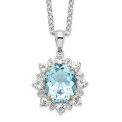 Brilliant Gemstones Sterling Silver with 14K Accent Rhodium-plated Sky Blue Topaz and White Topaz 18 Inch Necklace with 2 Inch Extender QG2736-18