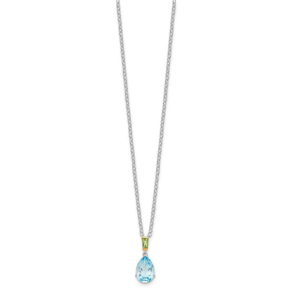 Brilliant Gemstones Sterling Silver with14K Accent Rhodium-plated Sky Blue Topaz and Peridot 18 Inch Necklace with 2 Inch Extender QG2738-18