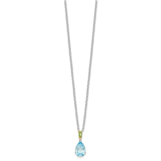 Brilliant Gemstones Sterling Silver with14K Accent Rhodium-plated Sky Blue Topaz and Peridot 18 Inch Necklace with 2 Inch Extender QG2738-18