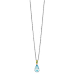 Brilliant Gemstones Sterling Silver with14K Accent Rhodium-plated Sky Blue Topaz and Peridot 18 Inch Necklace with 2 Inch Extender QG2738-18