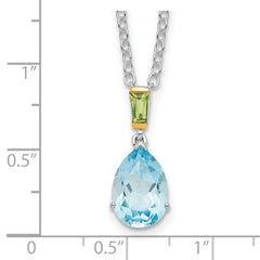 Brilliant Gemstones Sterling Silver with14K Accent Rhodium-plated Sky Blue Topaz and Peridot 18 Inch Necklace with 2 Inch Extender QG2738-18