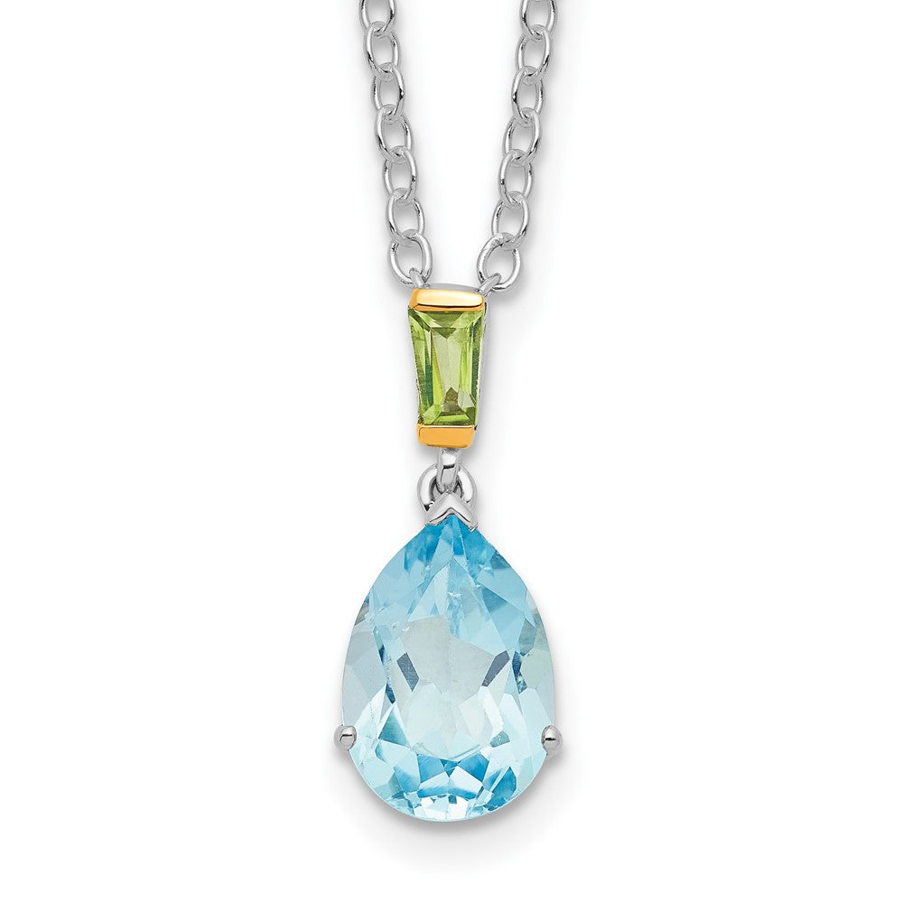 Brilliant Gemstones Sterling Silver with14K Accent Rhodium-plated Sky Blue Topaz and Peridot 18 Inch Necklace with 2 Inch Extender QG2738-18