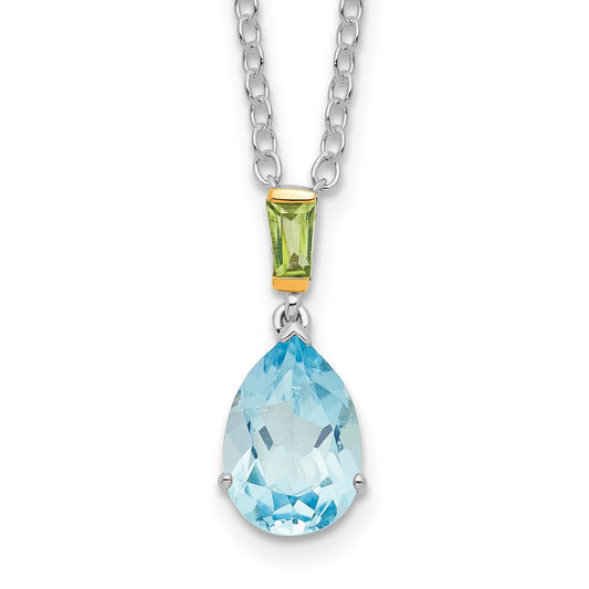 Brilliant Gemstones Sterling Silver with14K Accent Rhodium-plated Sky Blue Topaz and Peridot 18 Inch Necklace with 2 Inch Extender QG2738-18