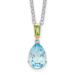Brilliant Gemstones Sterling Silver with14K Accent Rhodium-plated Sky Blue Topaz and Peridot 18 Inch Necklace with 2 Inch Extender QG2738-18