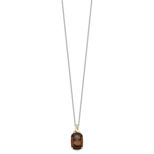 Brilliant Gemstones Sterling Silver with 14K Accent Rhodium-plated Smoky Quartz and Diamond 18 Inch Necklace with 2 Inch Extender QG2740-18