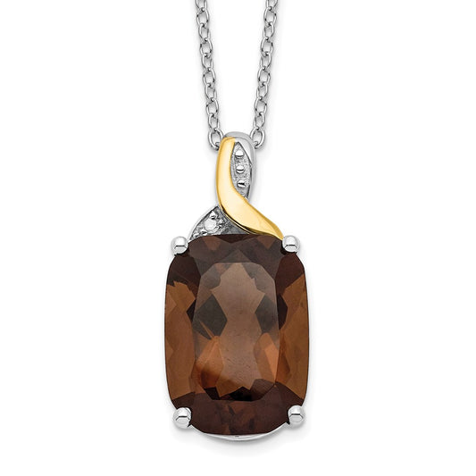 Brilliant Gemstones Sterling Silver with 14K Accent Rhodium-plated Smoky Quartz and Diamond 18 Inch Necklace with 2 Inch Extender QG2740-18