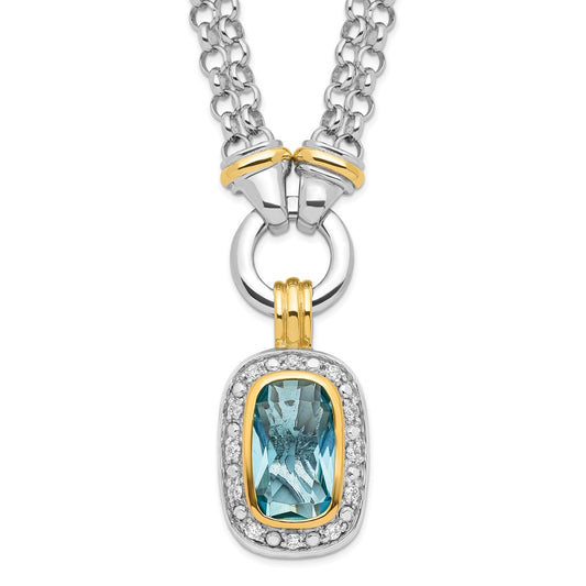 Sterling Silver Flash Gold-plated Clear and Blue CZ 16 inch Necklace QG2921-16