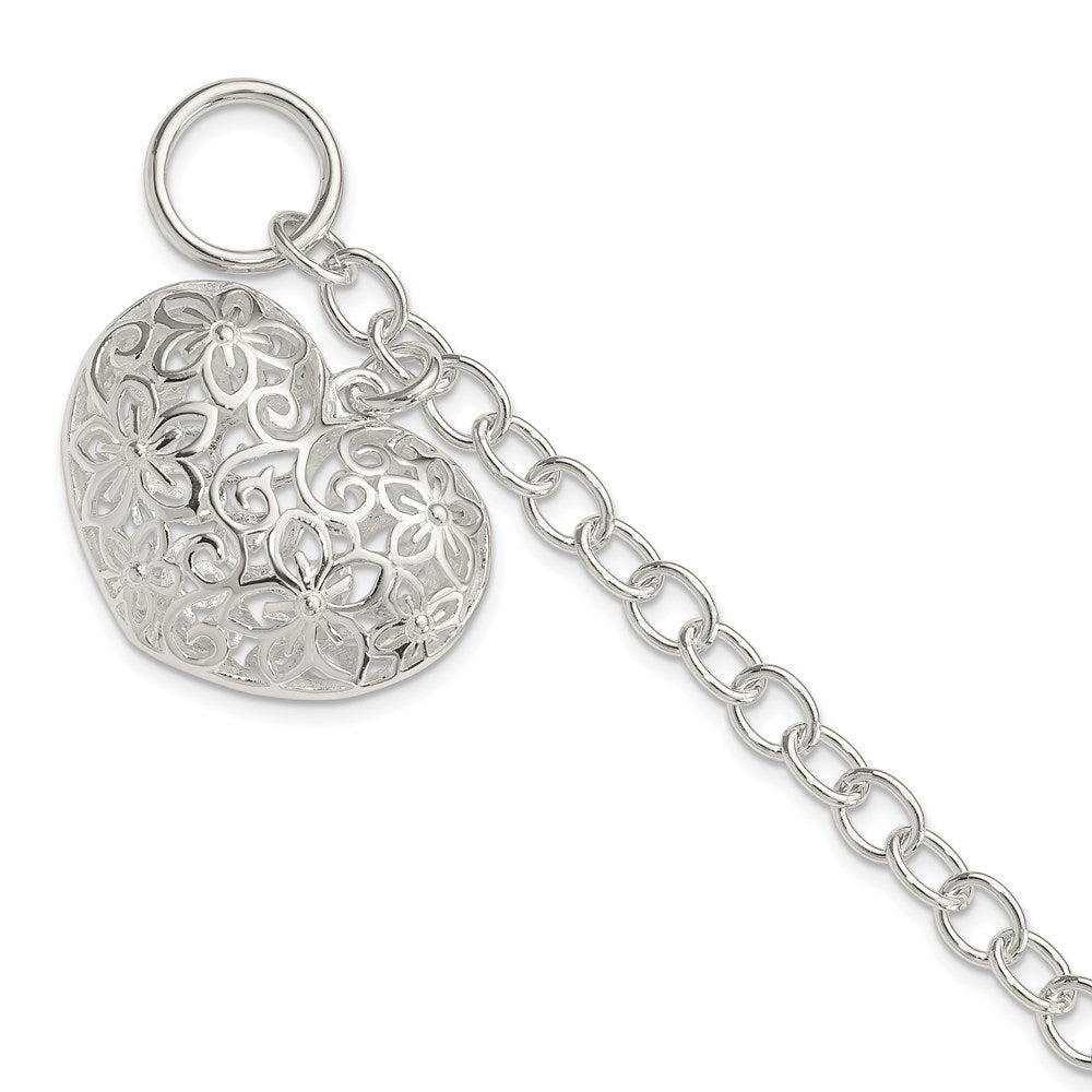 Sterling Silver Puffed Filigree Heart Toggle Bracelet QG2978-7.75