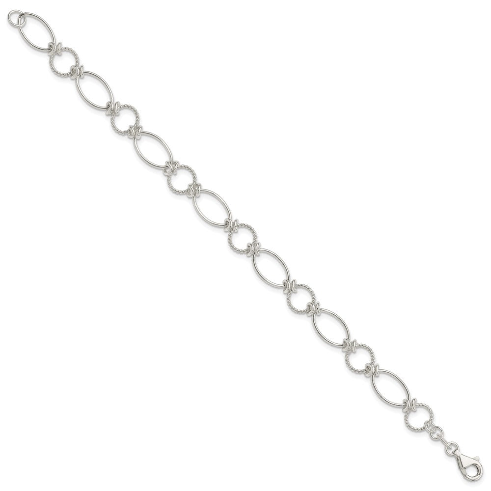 Sterling Silver Polished Textured Fancy Circle and Oval Link Bracelet QG3059-7.5