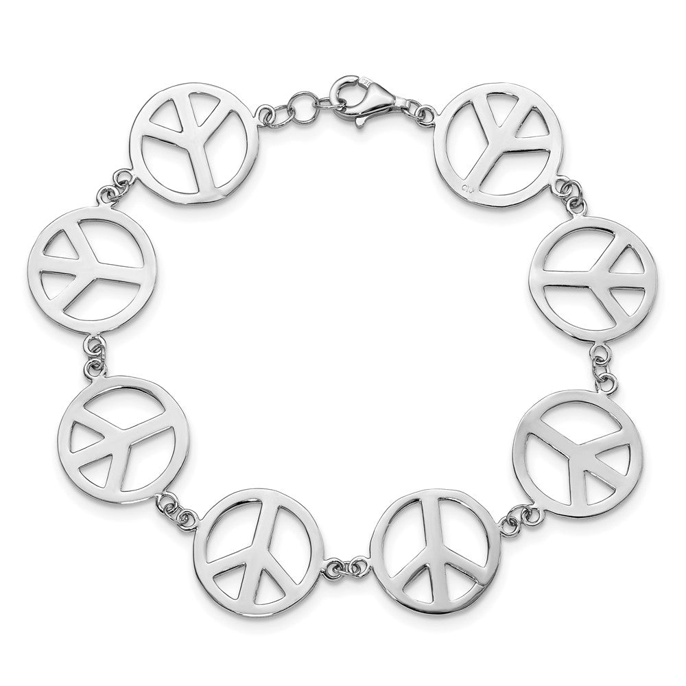 Sterling Silver Rhodium-plated 7.25in Peace Symbol Bracelet QG3104-7.25