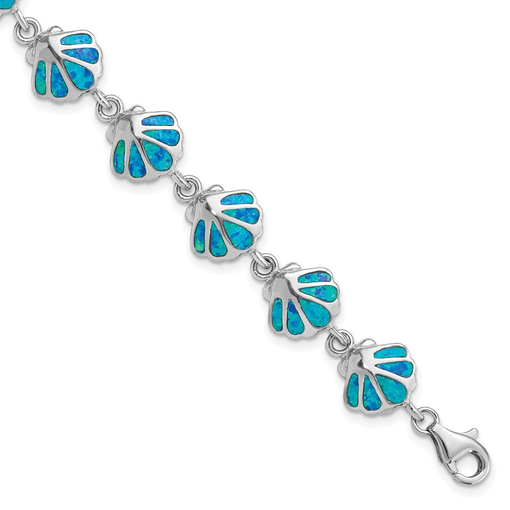 Sterling Silver Rhodium-plated 7in Created Blue Opal Inlay Shell Bracelet QG3112-7