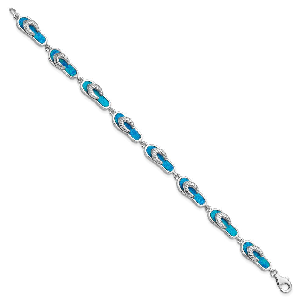 Sterling Silver Rhodium-plated 7in Created Blue Opal Inlay Sandal Bracelet QG3113-7
