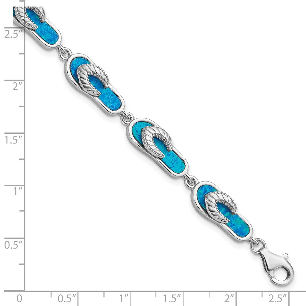 Sterling Silver Rhodium-plated 7in Created Blue Opal Inlay Sandal Bracelet QG3113-7