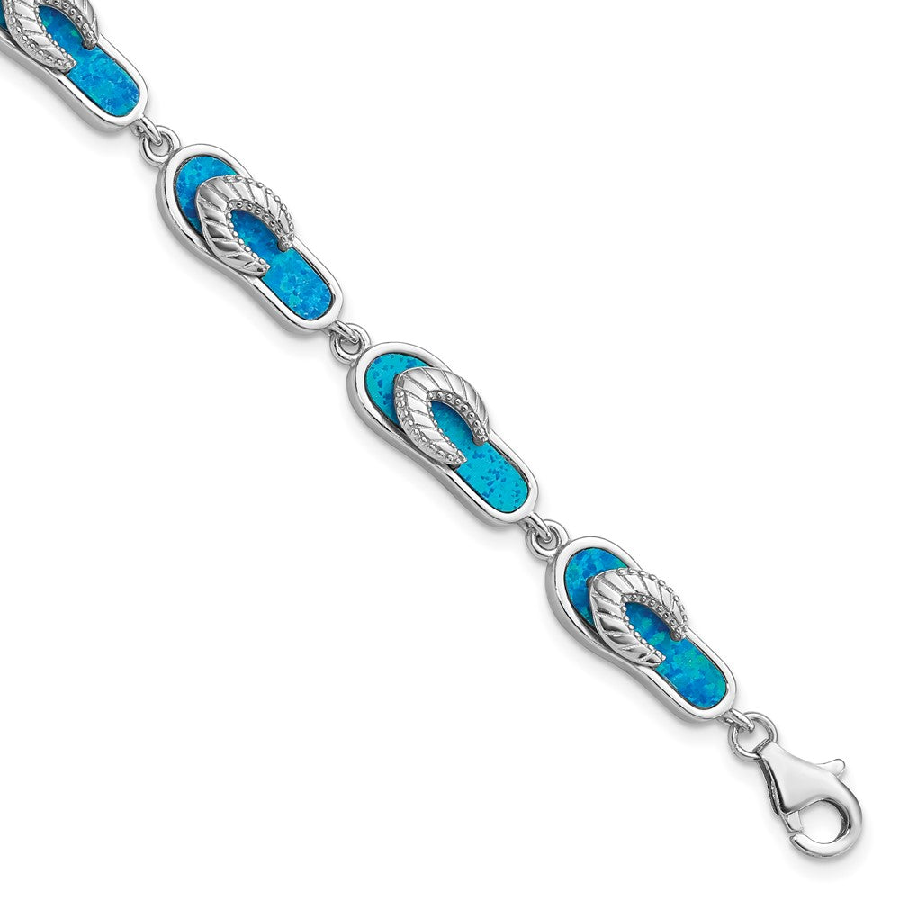 Sterling Silver Rhodium-plated 7in Created Blue Opal Inlay Sandal Bracelet QG3113-7